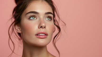 Fototapeta premium Young woman with natural beauty poses against a soft pink background, showcasing her fresh makeup and glowing skin