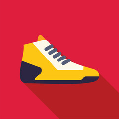 Yellow sneaker casting a long shadow on a red background, representing fashion, style, and active lifestyle