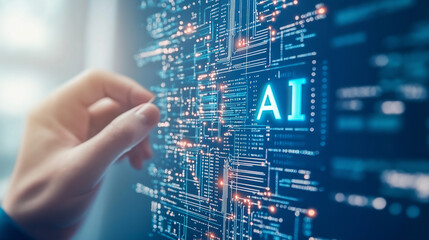 Design a promotional poster for the AI intelligent technology conference, featuring elements of a circuit board and chip with the word AI, highlighting a blue color scheme and technological style.