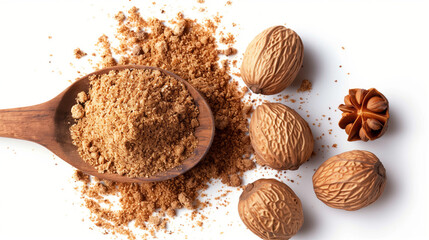 Spoonful of nutmeg powder and a few whole nutmegs