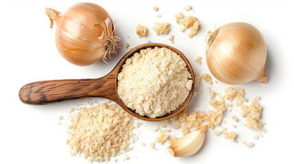 Spoonful of onion powder and a few dried onion flakes placed nearby isolated