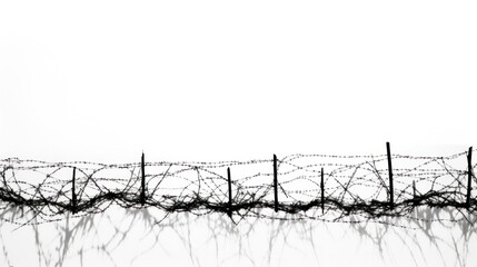 The outline of a barbed wire fence creates a dramatic contrast against a plain white backdrop,