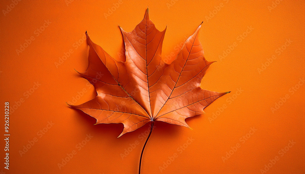 Poster vibrant autumn maple leaf on solid orange background, capturing the warmth of fall with striking con