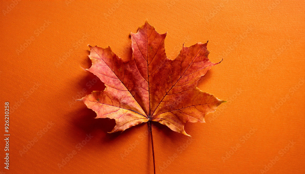 Poster vibrant autumn maple leaf on solid orange background, capturing the warmth of fall with striking con