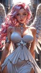 Girl with long hair anime banner. Bright digital illustrated postcard, poster.portrait of a woman in a dress