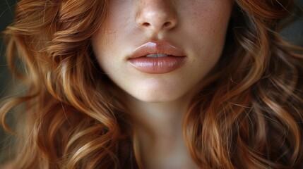 Naklejka premium Close-up of a woman with curly red hair and natural makeup, highlighting her lips and freckled skin in soft lighting