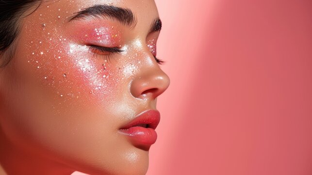 Young woman with sparkling makeup posing against a pink background in a beauty shoot