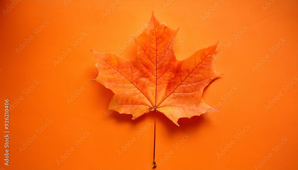 Poster vibrant autumn maple leaf on solid orange background, capturing the warmth of fall with striking con