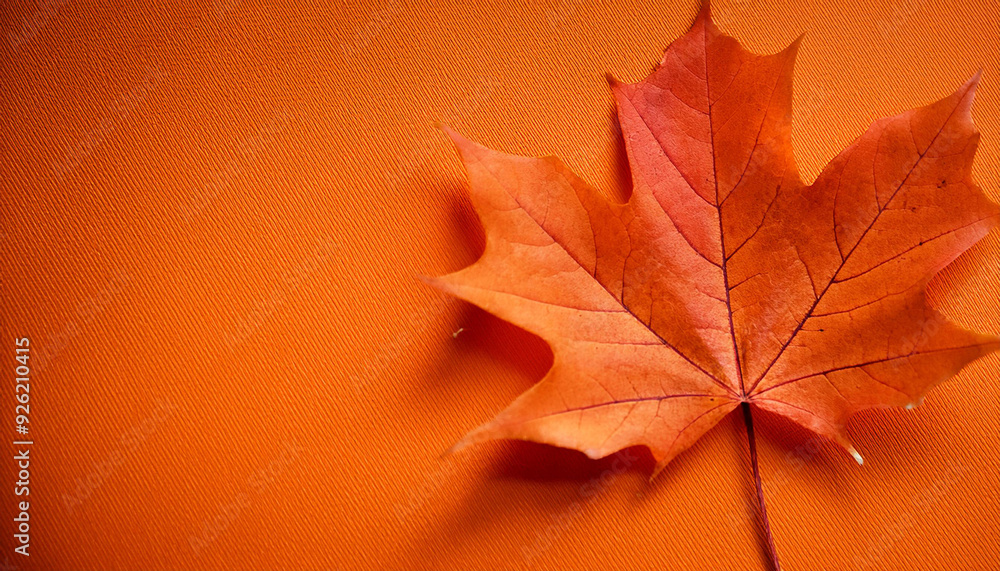 Poster vibrant autumn maple leaf on solid orange background, capturing the warmth of fall with striking con