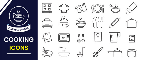 Cooking, kitchen, restaurant icon, vector set. Line lion of kitchen, Cooking, restaurant.  Meal, cooking, menu, restaurant, food delivery, fast food and dinner icons. Vector illustration.