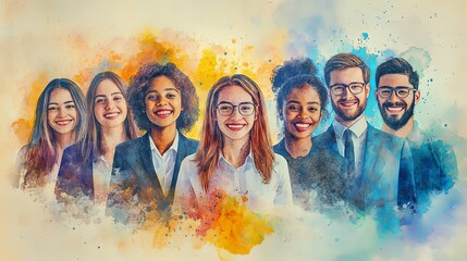 Diverse Young Professionals Group in Vibrant Watercolor Painting