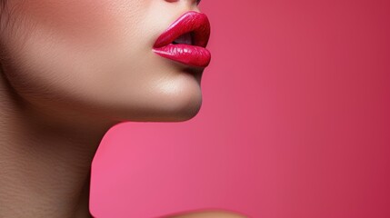 Fototapeta premium Close-up of a woman's lips adorned with vibrant red lipstick against a pink background