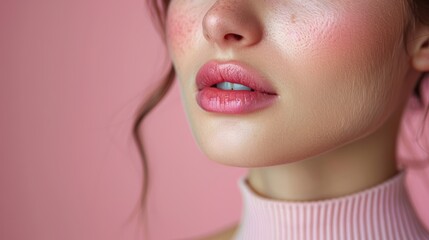 Fototapeta premium Close-up of a woman’s lips and skin tone against a pink background during a beauty shoot
