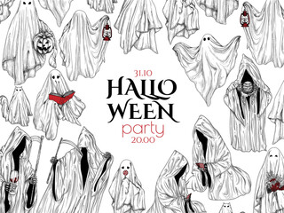 Vector Halloween invitation template in engraving style. Ghosts and deaths in hoods	
