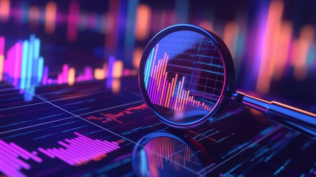 Magnifying glass over digital financial charts, symbolizing data analysis and market research.
