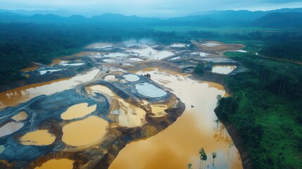 Obraz premium The devastating impact of gold mining portrayed with polluted rivers deforestation wildlife loss severe environmental damage industrial practices
