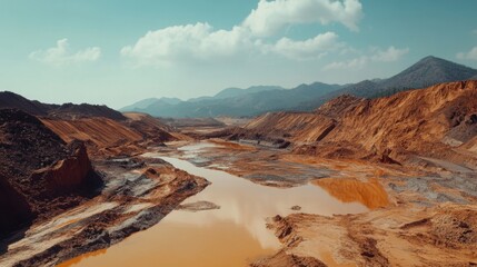 Environmental degradation from gold mining depicted with barren landscapes toxic waste rivers deforestation wildlife displacement human impact