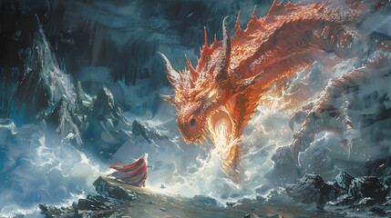 A red dragon painting soaring through the sky in a breathtaking landscape. The wind waves its wings as it glides, creating a sense of movement and fantasy