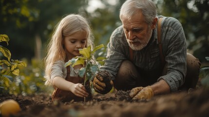 Heartwarming moment of a grandfather and his young granddaughter planting a tree together in the garden. Generational bond, nature care, environmental education, family love.