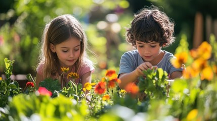 Editorial photography of children gardening with colorful flowers and vegetables in a sunny garden playful and educational atmosphere