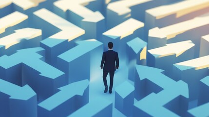 A businessman navigating a complex maze of arrows, symbolizing decision-making and strategic planning in a professional environment.