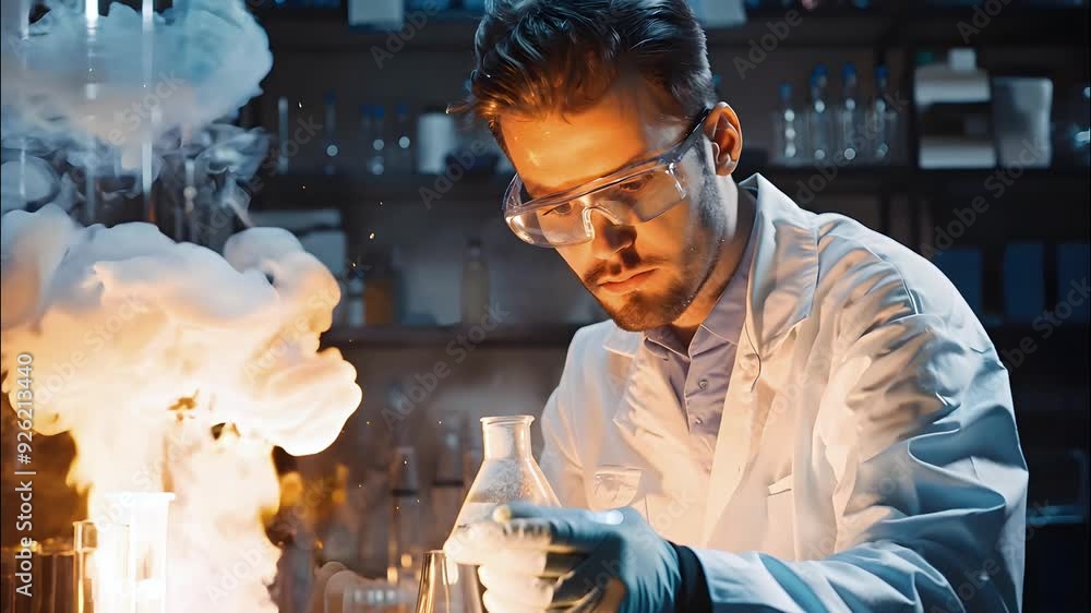 Poster a scientist in a lab carefully observes a reaction in a flask while flames and smoke rise, creating 