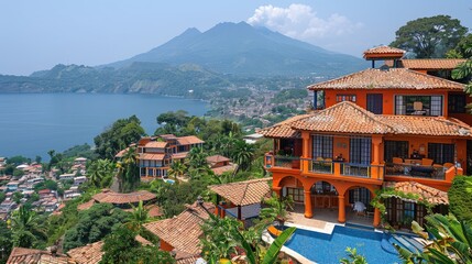 Fototapeta premium Luxury tropical villa with infinity pool overlooking volcanic lake, orange mediterranean architecture, scenic mountain landscape and blue water