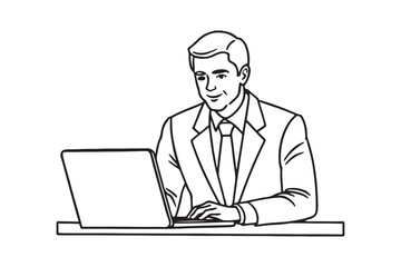 business man work with laptop, line art vector  silhouette illustration