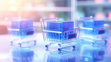 Blue e commerce theme on silver background with pixelated shopping cart patterns