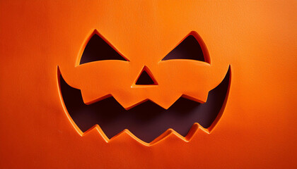 Fototapeta premium Glowing Jack-O'-Lantern Face Carved in Pumpkin. Halloween Symbol Illuminated with Warm Orange Light, Featuring Triangular Eyes, Nose, and Zigzag Mouth on a Smooth Textured Background. Banner With Copy