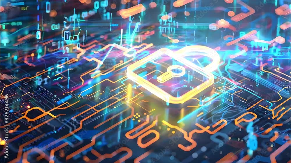 Poster a glowing padlock symbol over a digital circuit board represents cybersecurity and data protection i