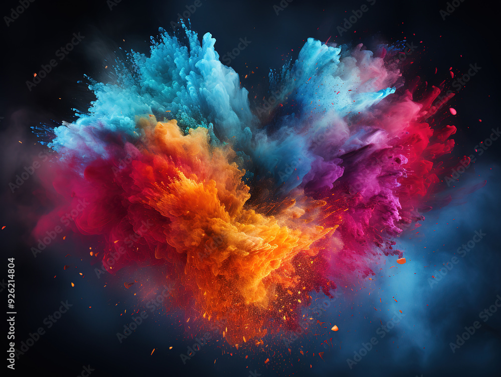 Wall mural heart made out of colorful hearts on black background with sparkles.