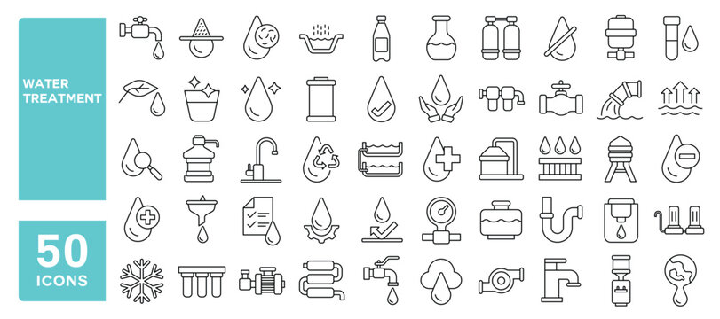 Set of 50 line icons related to water treatment, filters, hydration, water resistance, sewage, recycle, faucet, pressure tank, Editable stroke. Vector illustration