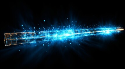 Vibrant blue matrix binary code flowing in long digital pipeline on black background
