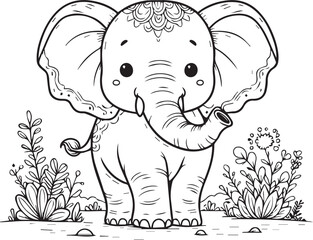 A elephant line art coloring book illustration for kids