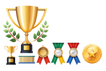 Golden cups and medals isolated on white background. Concept of winning and awarding. 