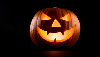 Glowing Jack-o'-Lantern with Menacing Expression Illuminated Against a Black Background, Spooky Spirit of Halloween Autumn Holiday Night with Sharp, Angular Eyes and a Sinister Zigzag Smile Pumpkin