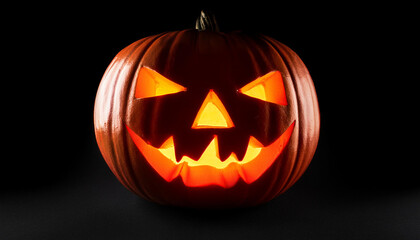 Glowing Jack-o'-Lantern with Menacing Expression Illuminated Against a Black Background, Spooky Spirit of Halloween Autumn Holiday Night with Sharp, Angular Eyes and a Sinister Zigzag Smile Pumpkin