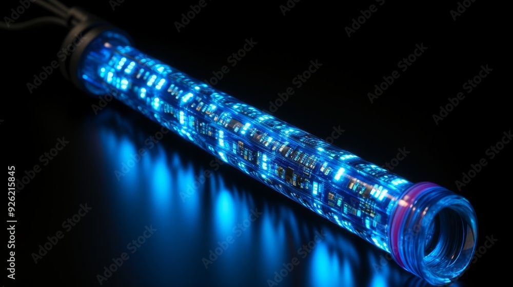 Wall mural Vibrant blue matrix binary code in long digital pipeline on black background for futuristic design