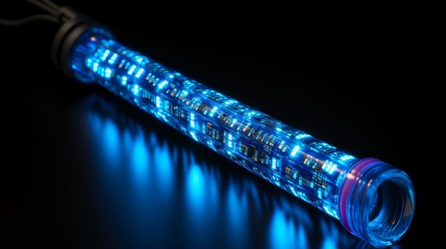 Vibrant blue matrix binary code in long digital pipeline on black background for futuristic design