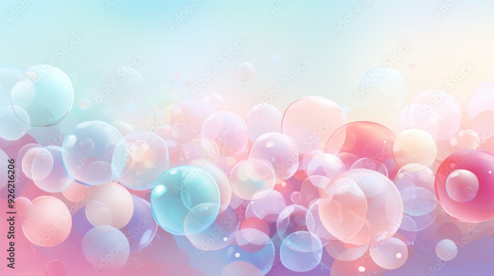 Poster a colorful illustration featuring various sizes of translucent bubbles floating against a soft paste