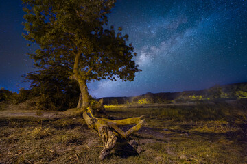Milky way and meteor trails at night, astrophotography