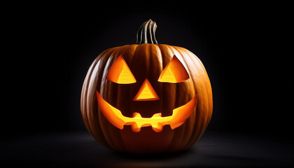 Fototapeta premium Glowing Jack-o'-Lantern with Menacing Expression Illuminated Against a Black Background, Spooky Spirit of Halloween Autumn Holiday Night with Sharp, Angular Eyes and a Sinister Zigzag Smile Pumpkin