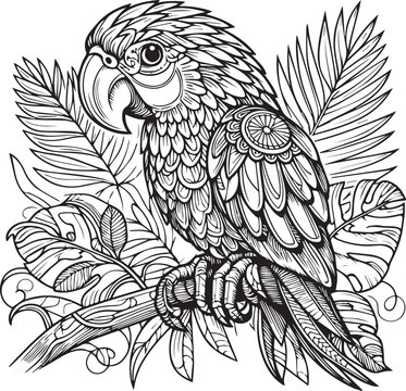 black and white parrot perched on branch clip art preview