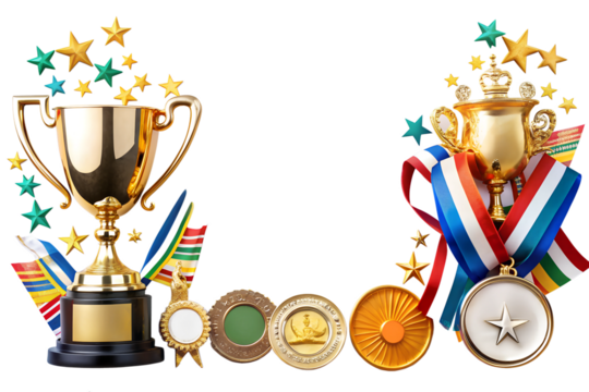 Golden cups and medals isolated on white background. Concept of winning and awarding. 