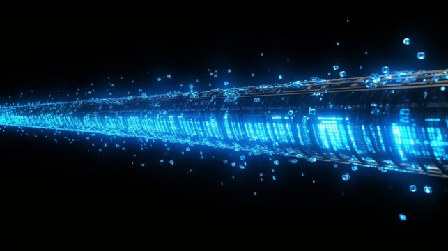 Vibrant blue matrix binary code in digital pipeline on black background for search relevance