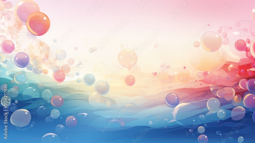 Poster a whimsical illustration of bubbles in various sizes and colors floating upwards on a background