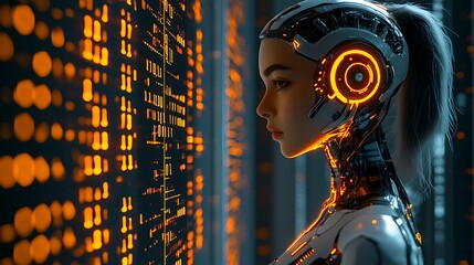 Masked silhouette of a woman DJ, blending art and technology, illuminates the mind with rhythmic code for future generations