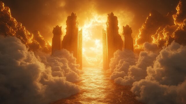 An ethereal view of golden heaven gates shining amidst glowing light and soft clouds. Divine entrance, spiritual symbolism, majestic otherworldly atmosphere, celestial realm.