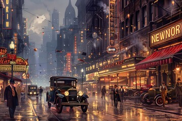 Bustling New York Street Scene in 1920s with Flappers and Jazz Ambiance.